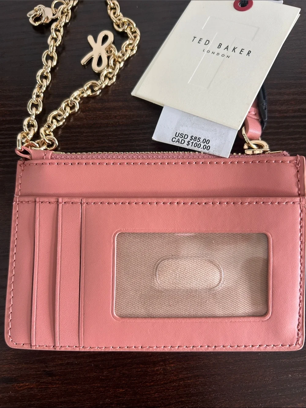Ted Baker Coral Pink Card Holder with Gold Chain Wristlet - Picture 2 of 6